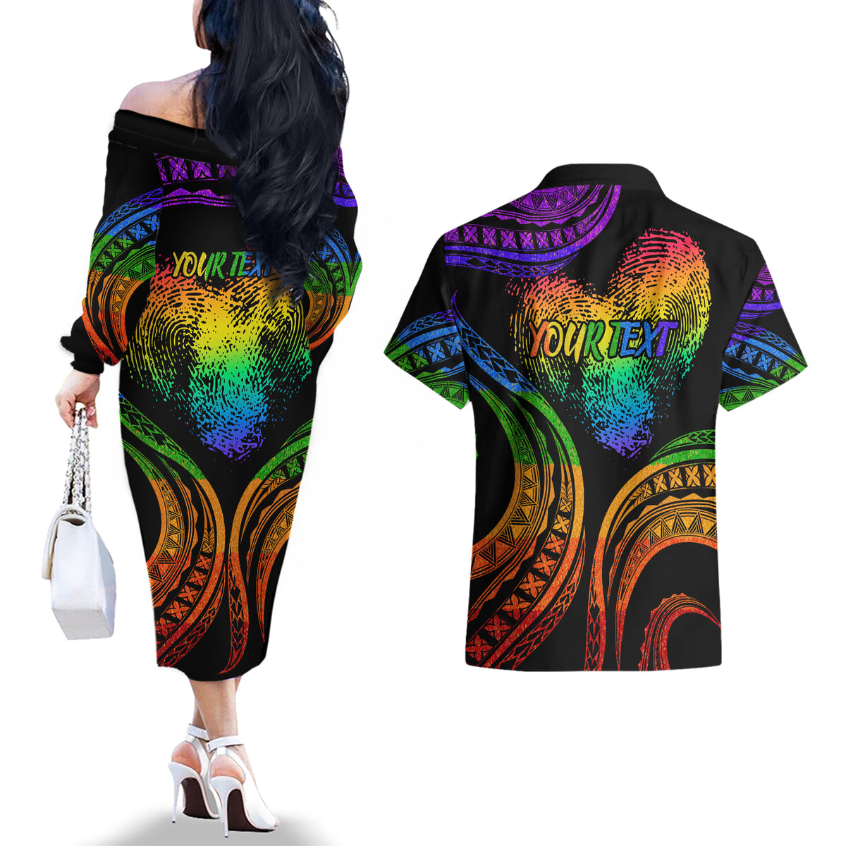 Personalised Its In My DNA Valentine Day Couples Matching Off The Shoulder Long Sleeve Dress and Hawaiian Shirt Fingerprint Heart with Color Pride Flag LT9 - Polynesian Pride