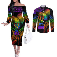 Personalised Its In My DNA Valentine Day Couples Matching Off The Shoulder Long Sleeve Dress and Long Sleeve Button Shirt Fingerprint Heart with Color Pride Flag LT9 No Dress - Polynesian Pride