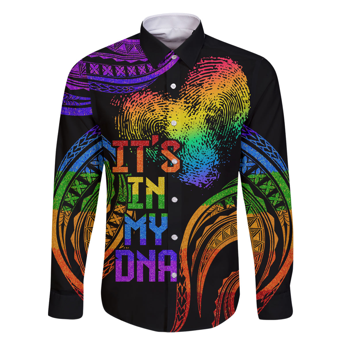 Personalised Its In My DNA Valentine Day Family Matching Off Shoulder Short Dress and Hawaiian Shirt Fingerprint Heart with Color Pride Flag LT9 Dad's Shirt - Long Sleeve - Polynesian Pride