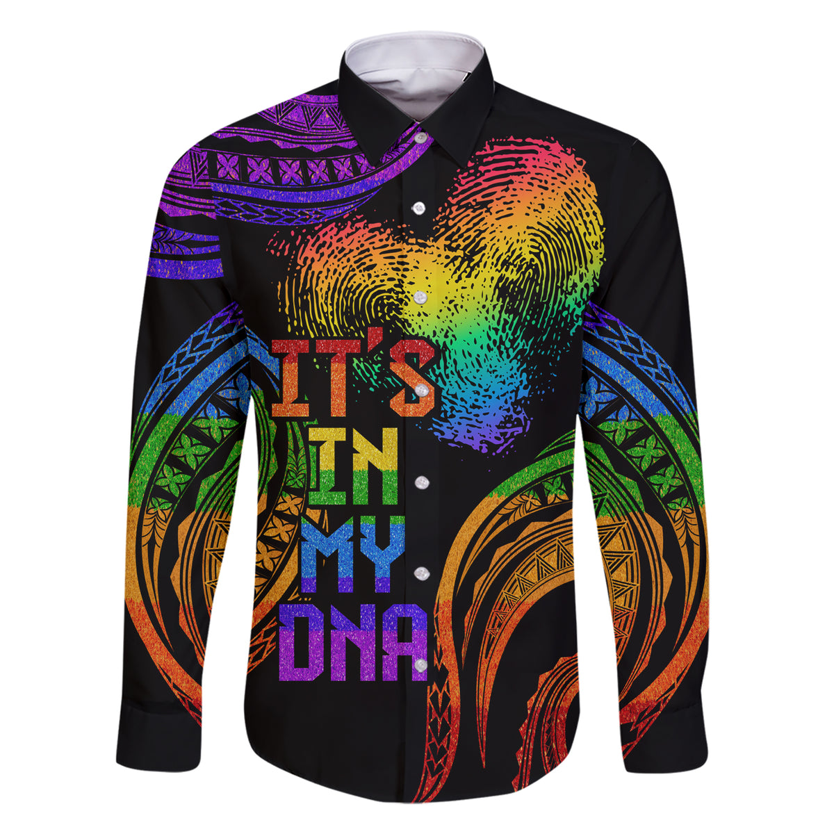 Personalised Its In My DNA Valentine Day Family Matching Short Sleeve Bodycon Dress and Hawaiian Shirt Fingerprint Heart with Color Pride Flag LT9 Dad's Shirt - Long Sleeve - Polynesian Pride