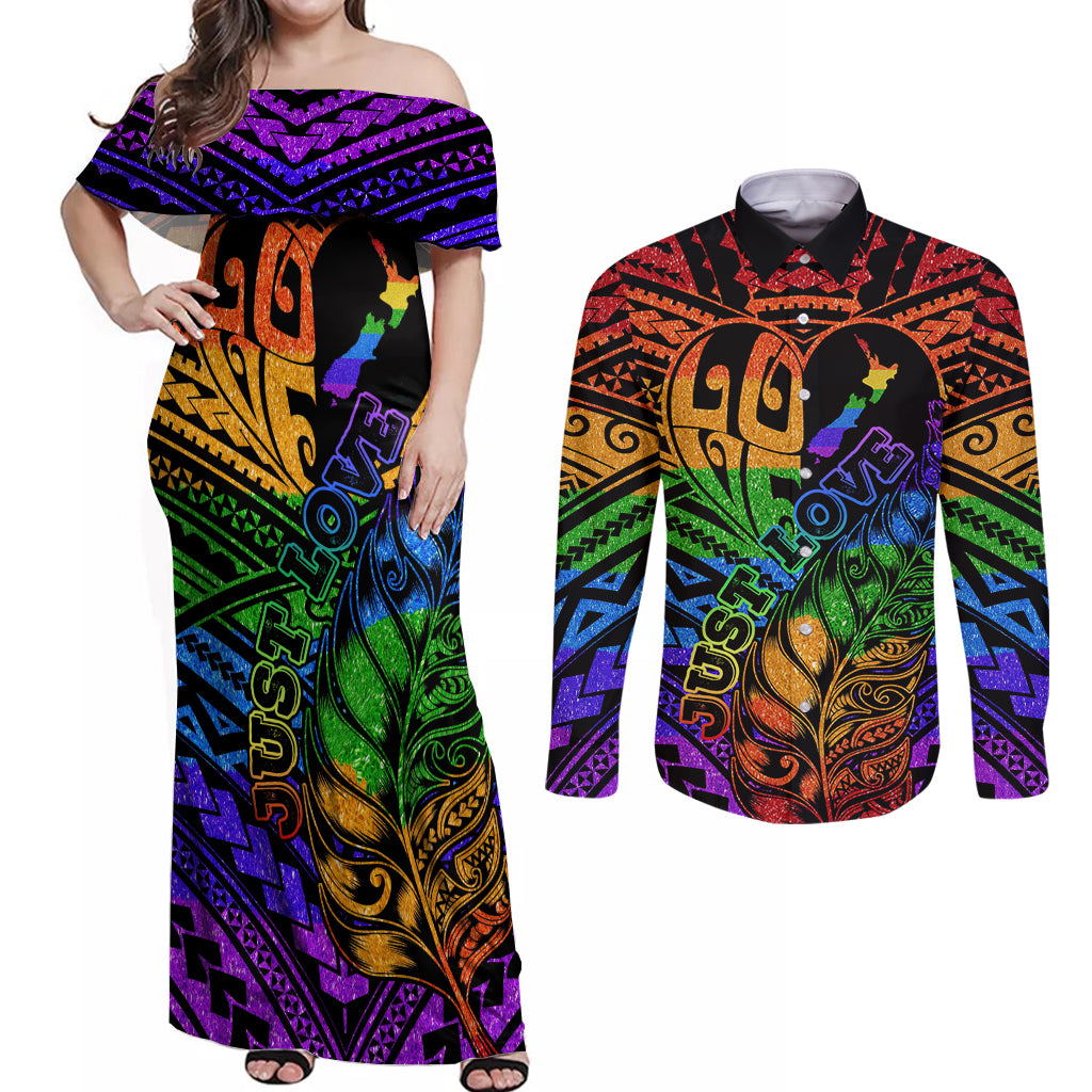 New Zealand LGBT Fern Heart Couples Matching Off Shoulder Maxi Dress and Long Sleeve Button Shirt Dont judge What You Dont Understand LT9 No Dress - Polynesian Pride