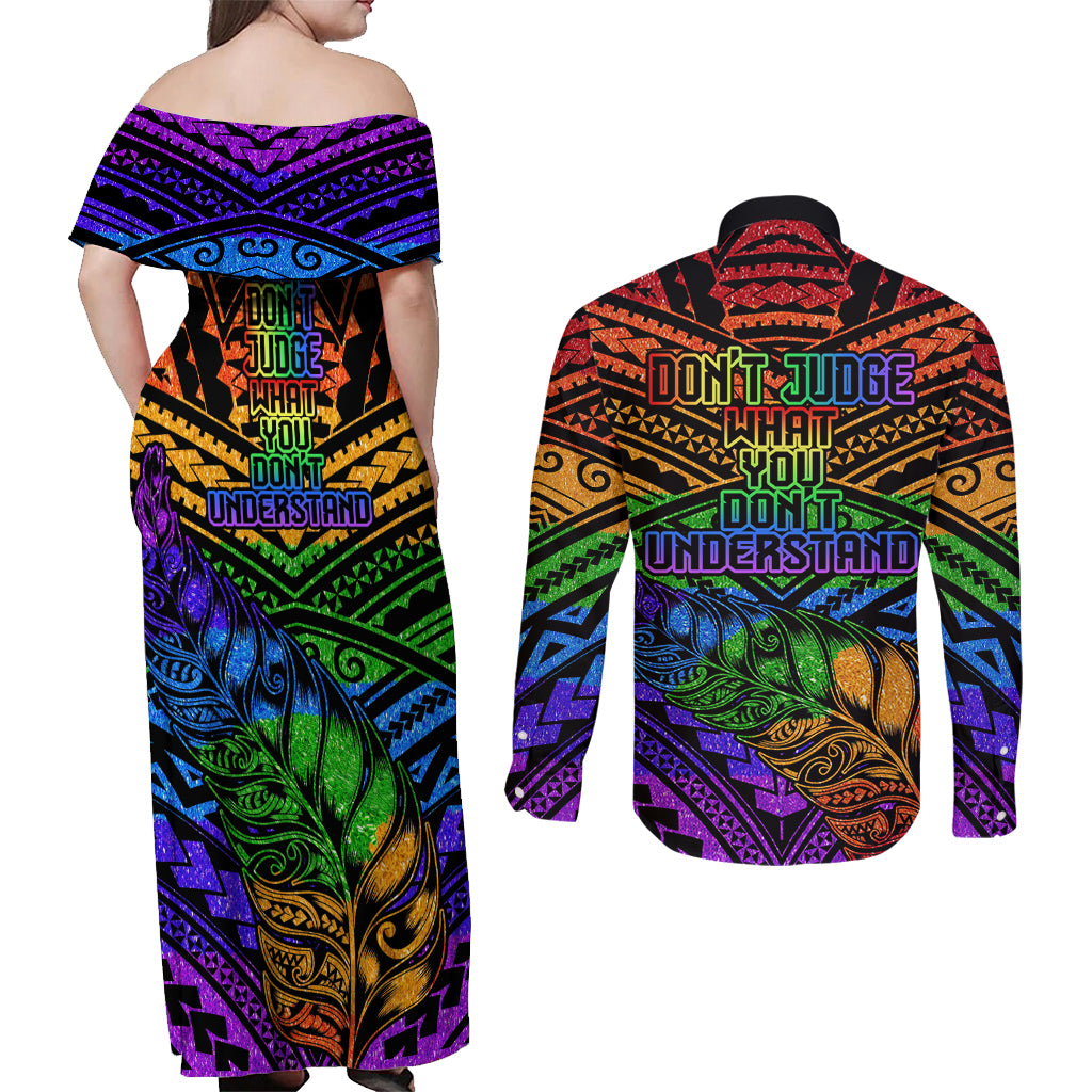 New Zealand LGBT Fern Heart Couples Matching Off Shoulder Maxi Dress and Long Sleeve Button Shirt Dont judge What You Dont Understand LT9 - Polynesian Pride