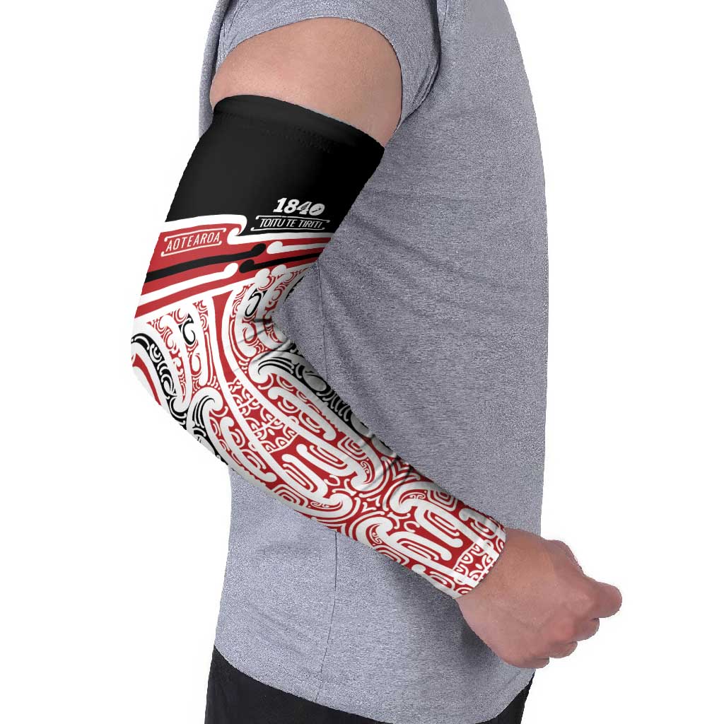 Personalised Toitu Te Tiriti Aotearoa 1840 Arm Sleeves Red Kowhaiwhai Puhoro - Polynesian Pride