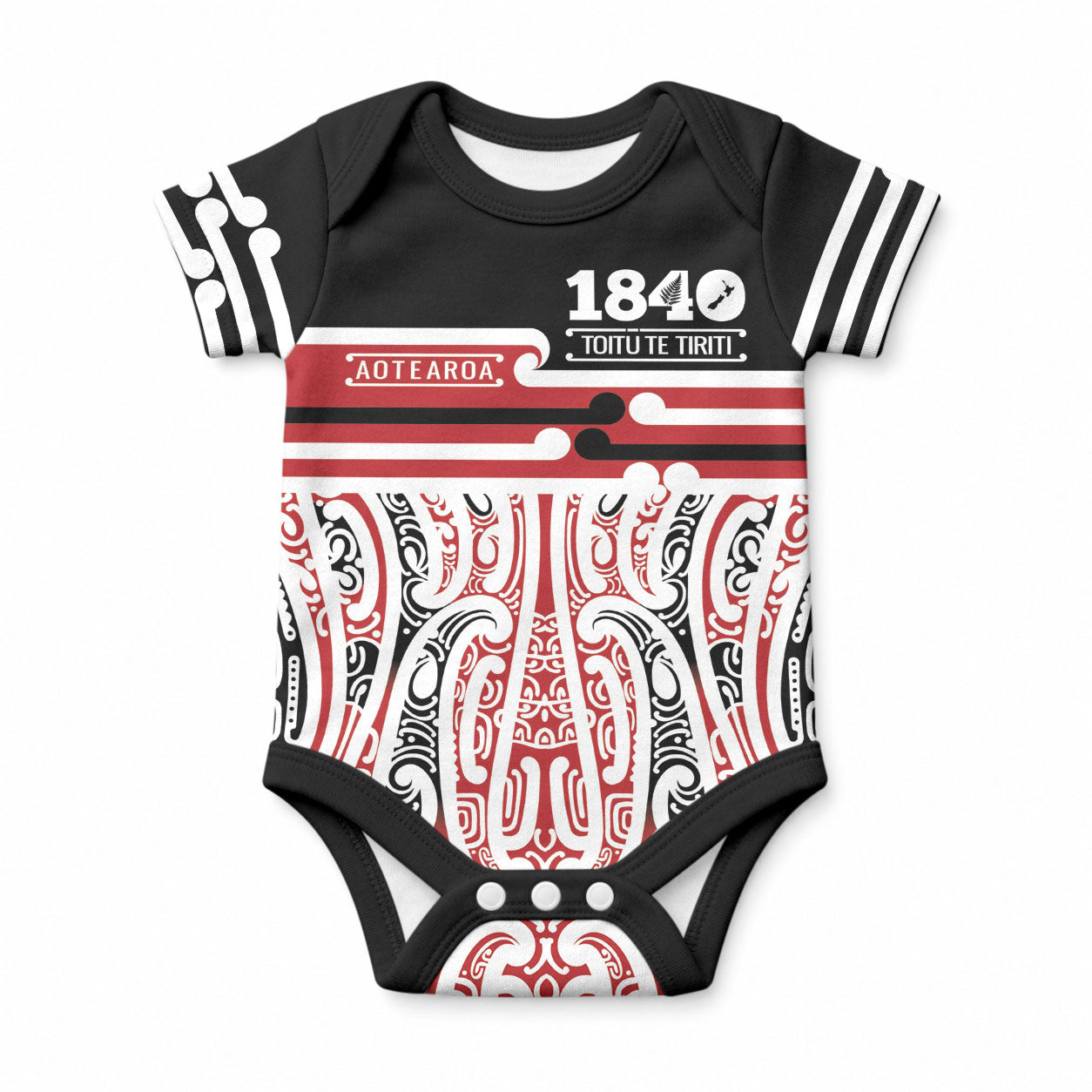 Personalised Toitu Te Tiriti Aotearoa 1840 Baby Onesie Red Kowhaiwhai Puhoro LT9 Black - Polynesian Pride