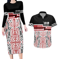 Personalised Toitu Te Tiriti Aotearoa 1840 Couples Matching Long Sleeve Bodycon Dress and Hawaiian Shirt Red Kowhaiwhai Puhoro LT9 Black - Polynesian Pride