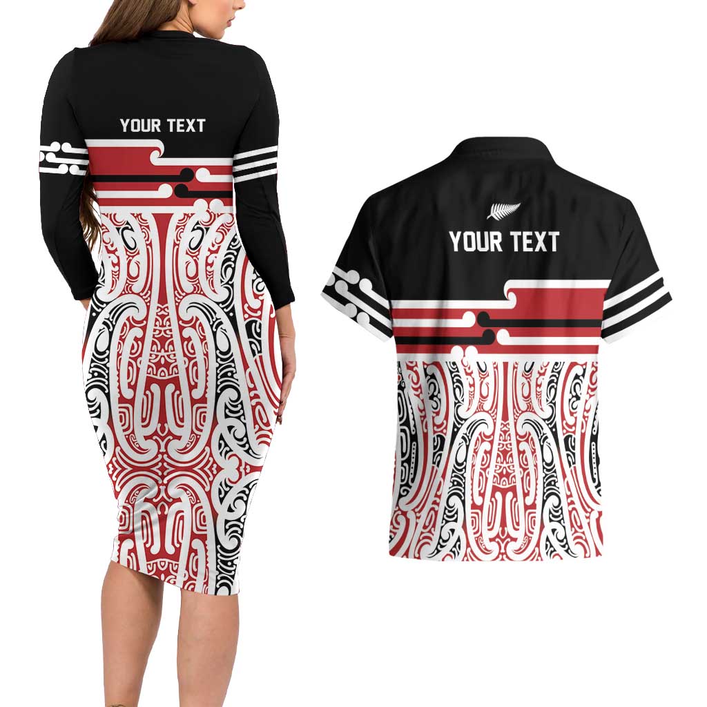 Personalised Toitu Te Tiriti Aotearoa 1840 Couples Matching Long Sleeve Bodycon Dress and Hawaiian Shirt Red Kowhaiwhai Puhoro LT9 - Polynesian Pride