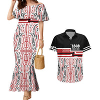 Personalised Toitu Te Tiriti Aotearoa 1840 Couples Matching Mermaid Dress and Hawaiian Shirt Red Kowhaiwhai Puhoro LT9 Black - Polynesian Pride