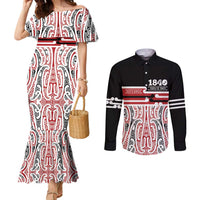 Personalised Toitu Te Tiriti Aotearoa 1840 Couples Matching Mermaid Dress and Long Sleeve Button Shirt Red Kowhaiwhai Puhoro LT9 Black - Polynesian Pride