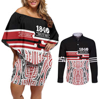 Personalised Toitu Te Tiriti Aotearoa 1840 Couples Matching Off Shoulder Short Dress and Long Sleeve Button Shirt Red Kowhaiwhai Puhoro LT9 Black - Polynesian Pride