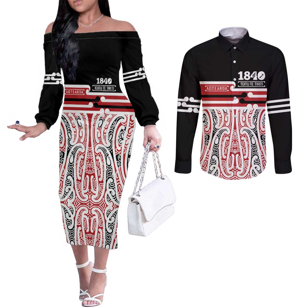 Personalised Toitu Te Tiriti Aotearoa 1840 Couples Matching Off The Shoulder Long Sleeve Dress and Long Sleeve Button Shirt Red Kowhaiwhai Puhoro - Polynesian Pride
