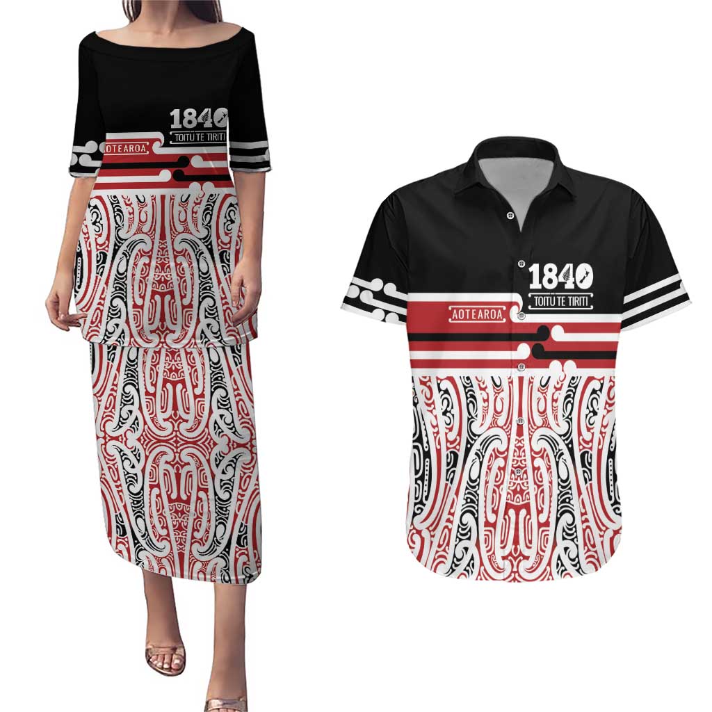 Personalised Toitu Te Tiriti Aotearoa 1840 Couples Matching Puletasi and Hawaiian Shirt Red Kowhaiwhai Puhoro - Polynesian Pride