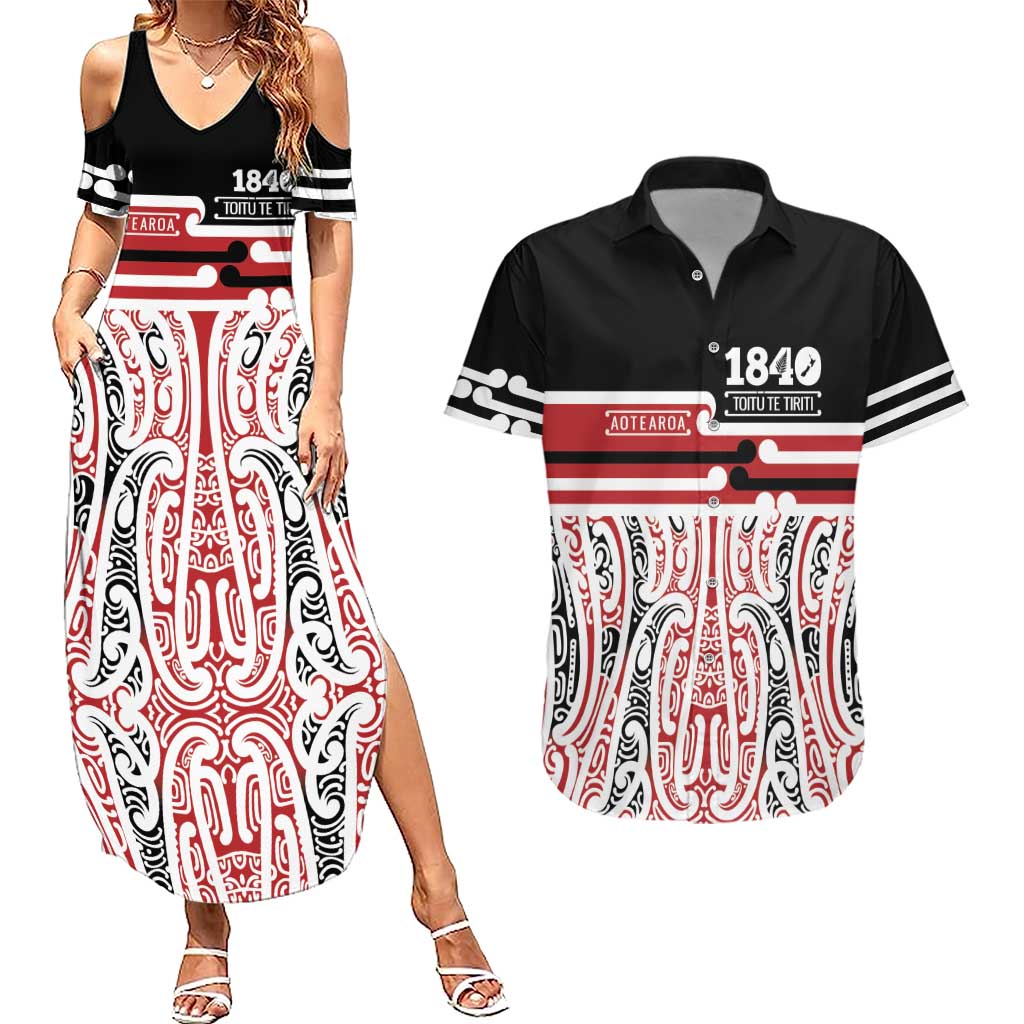 Personalised Toitu Te Tiriti Aotearoa 1840 Couples Matching Summer Maxi Dress and Hawaiian Shirt Red Kowhaiwhai Puhoro LT9 Black - Polynesian Pride