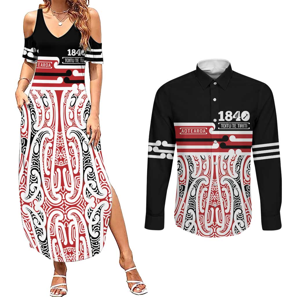 Personalised Toitu Te Tiriti Aotearoa 1840 Couples Matching Summer Maxi Dress and Long Sleeve Button Shirt Red Kowhaiwhai Puhoro LT9 Black - Polynesian Pride