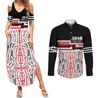 Personalised Toitu Te Tiriti Aotearoa 1840 Couples Matching Summer Maxi Dress and Long Sleeve Button Shirt Red Kowhaiwhai Puhoro LT9 Black - Polynesian Pride