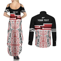 Personalised Toitu Te Tiriti Aotearoa 1840 Couples Matching Summer Maxi Dress and Long Sleeve Button Shirt Red Kowhaiwhai Puhoro LT9 - Polynesian Pride