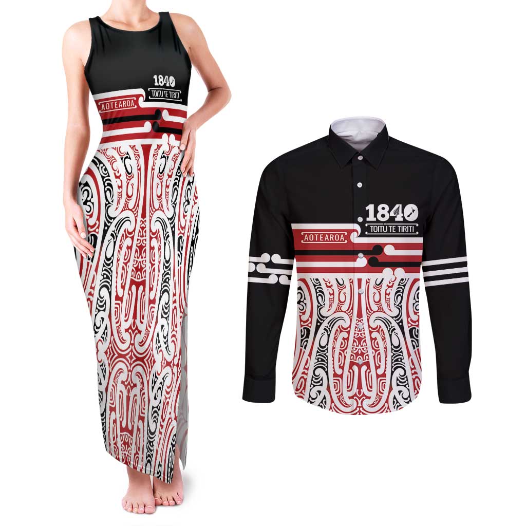Personalised Toitu Te Tiriti Aotearoa 1840 Couples Matching Tank Maxi Dress and Long Sleeve Button Shirt Red Kowhaiwhai Puhoro - Polynesian Pride