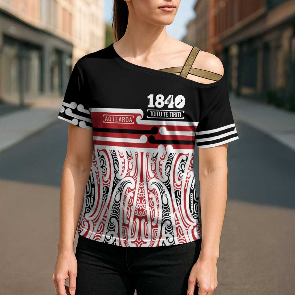 Personalised Toitu Te Tiriti Aotearoa 1840 Cross Shoulder Shirt Red Kowhaiwhai Puhoro - Polynesian Pride