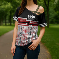 Personalised Toitu Te Tiriti Aotearoa 1840 Cross Shoulder Shirt Red Kowhaiwhai Puhoro - Polynesian Pride
