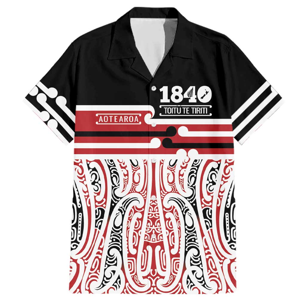 Personalised Toitu Te Tiriti Aotearoa 1840 Family Matching Long Sleeve Bodycon Dress and Hawaiian Shirt Red Kowhaiwhai Puhoro LT9 Dad's Shirt - Short Sleeve Black - Polynesian Pride