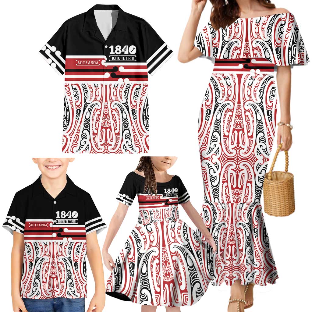 Personalised Toitu Te Tiriti Aotearoa 1840 Family Matching Mermaid Dress and Hawaiian Shirt Red Kowhaiwhai Puhoro - Polynesian Pride
