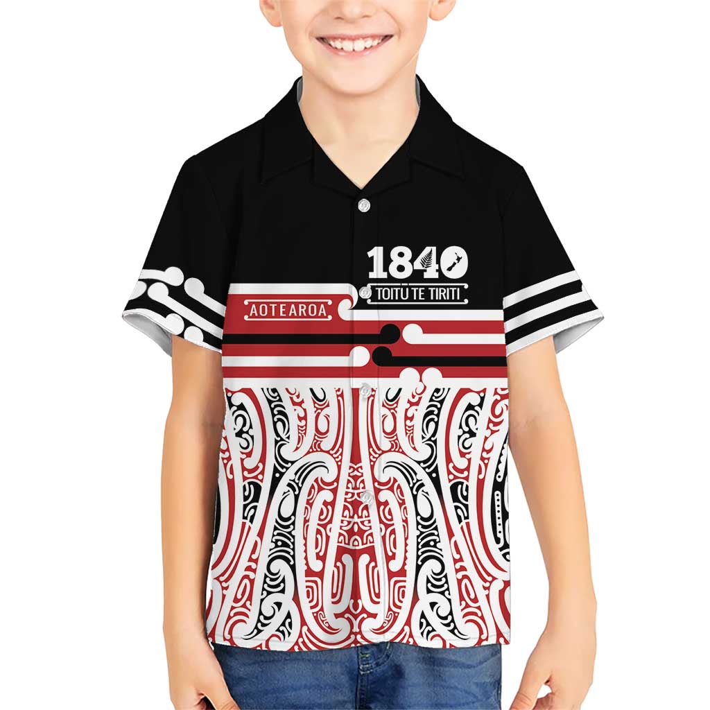Personalised Toitu Te Tiriti Aotearoa 1840 Family Matching Mermaid Dress and Hawaiian Shirt Red Kowhaiwhai Puhoro LT9 Son's Shirt Black - Polynesian Pride