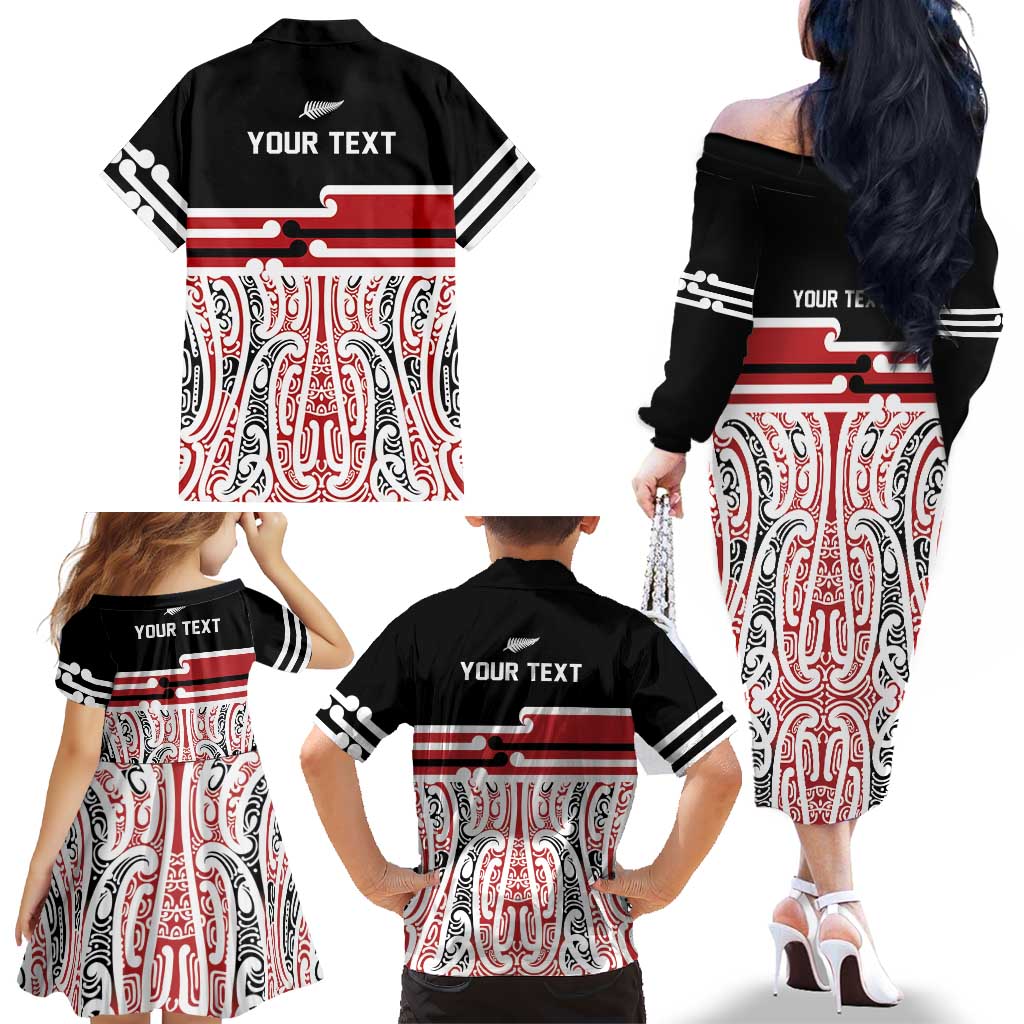 Personalised Toitu Te Tiriti Aotearoa 1840 Family Matching Off The Shoulder Long Sleeve Dress and Hawaiian Shirt Red Kowhaiwhai Puhoro LT9 - Polynesian Pride