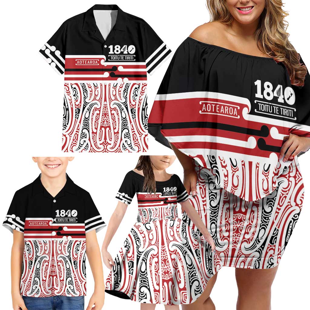 Personalised Toitu Te Tiriti Aotearoa 1840 Family Matching Off Shoulder Short Dress and Hawaiian Shirt Red Kowhaiwhai Puhoro - Polynesian Pride