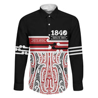 Personalised Toitu Te Tiriti Aotearoa 1840 Family Matching Off Shoulder Short Dress and Hawaiian Shirt Red Kowhaiwhai Puhoro LT9 Dad's Shirt - Long Sleeve Black - Polynesian Pride