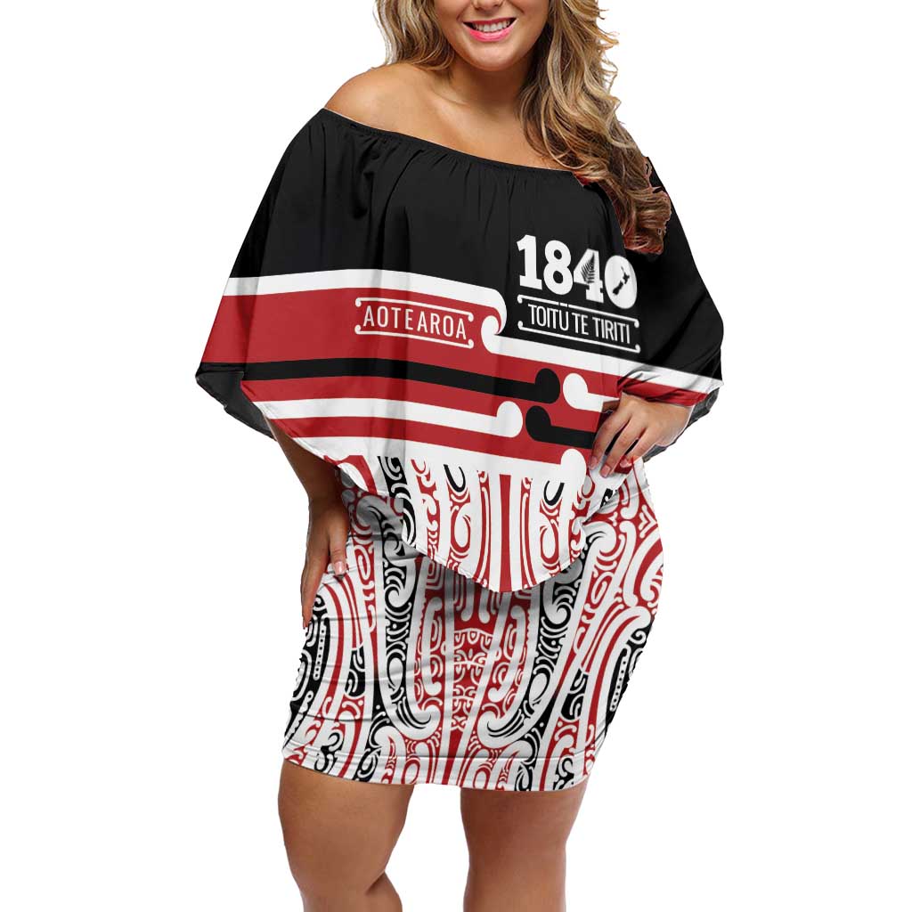 Personalised Toitu Te Tiriti Aotearoa 1840 Family Matching Off Shoulder Short Dress and Hawaiian Shirt Red Kowhaiwhai Puhoro LT9 Mom's Dress Black - Polynesian Pride