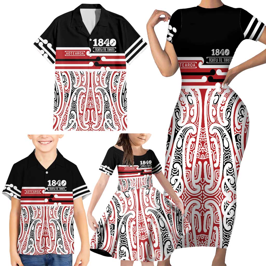 Personalised Toitu Te Tiriti Aotearoa 1840 Family Matching Short Sleeve Bodycon Dress and Hawaiian Shirt Red Kowhaiwhai Puhoro LT9 - Polynesian Pride