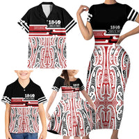 Personalised Toitu Te Tiriti Aotearoa 1840 Family Matching Short Sleeve Bodycon Dress and Hawaiian Shirt Red Kowhaiwhai Puhoro LT9 - Polynesian Pride