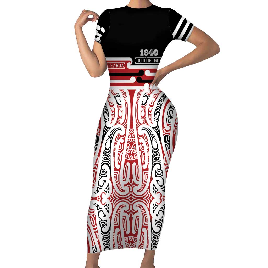 Personalised Toitu Te Tiriti Aotearoa 1840 Family Matching Short Sleeve Bodycon Dress and Hawaiian Shirt Red Kowhaiwhai Puhoro LT9 Mom's Dress Black - Polynesian Pride