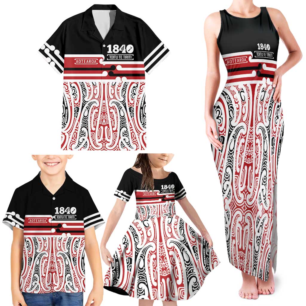 Personalised Toitu Te Tiriti Aotearoa 1840 Family Matching Tank Maxi Dress and Hawaiian Shirt Red Kowhaiwhai Puhoro LT9 - Polynesian Pride