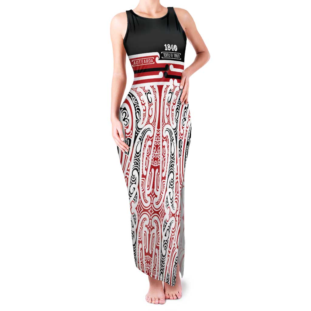 Personalised Toitu Te Tiriti Aotearoa 1840 Family Matching Tank Maxi Dress and Hawaiian Shirt Red Kowhaiwhai Puhoro LT9 Mom's Dress Black - Polynesian Pride