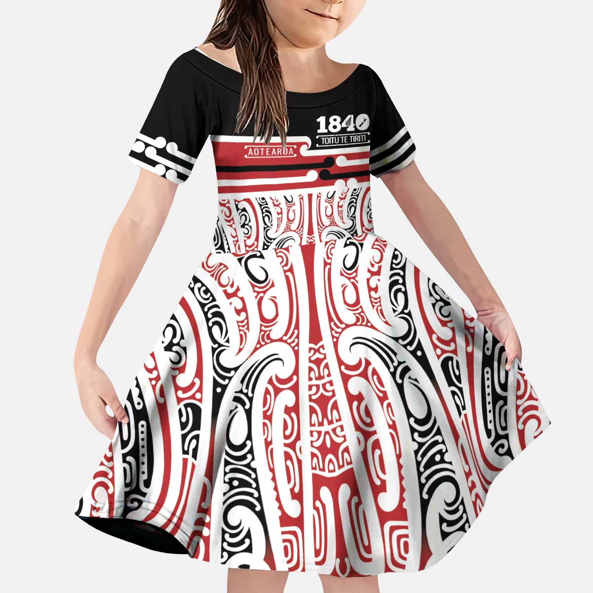 Personalised Toitu Te Tiriti Aotearoa 1840 Kid Short Sleeve Dress Red Kowhaiwhai Puhoro - Polynesian Pride
