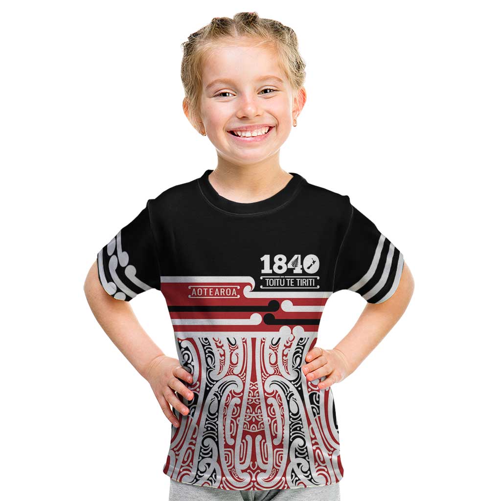 Personalised Toitu Te Tiriti Aotearoa 1840 Kid T Shirt Red Kowhaiwhai Puhoro - Polynesian Pride
