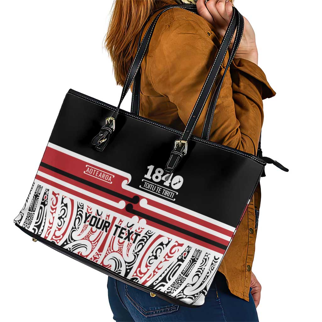 Personalised Toitu Te Tiriti Aotearoa 1840 Leather Tote Bag Red Kowhaiwhai Puhoro - Polynesian Pride