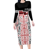 Personalised Toitu Te Tiriti Aotearoa 1840 Long Sleeve Bodycon Dress Red Kowhaiwhai Puhoro - Polynesian Pride
