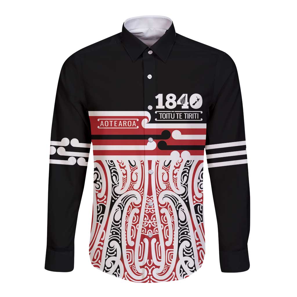 Personalised Toitu Te Tiriti Aotearoa 1840 Long Sleeve Button Shirt Red Kowhaiwhai Puhoro - Polynesian Pride