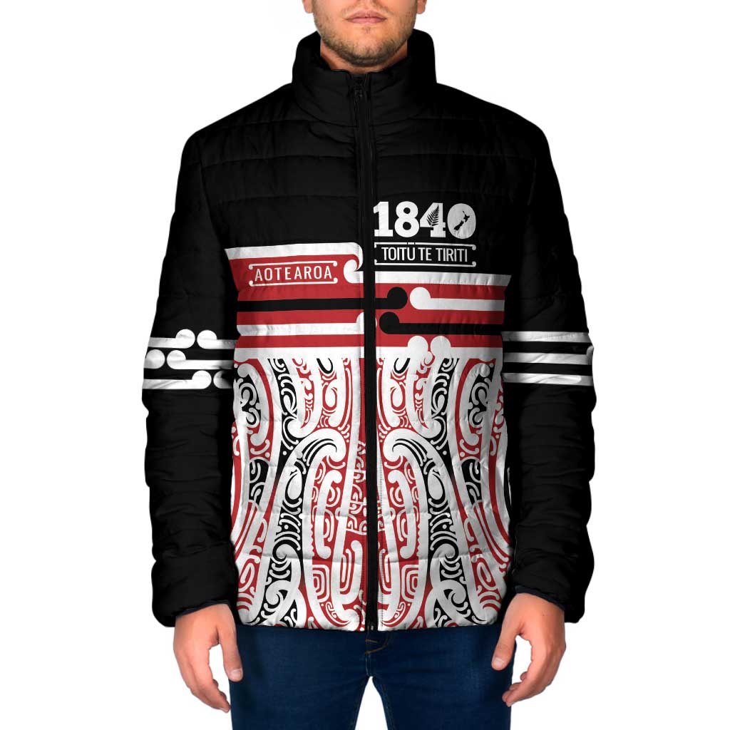 Personalised Toitu Te Tiriti Aotearoa 1840 Padded Jacket Red Kowhaiwhai Puhoro - Polynesian Pride