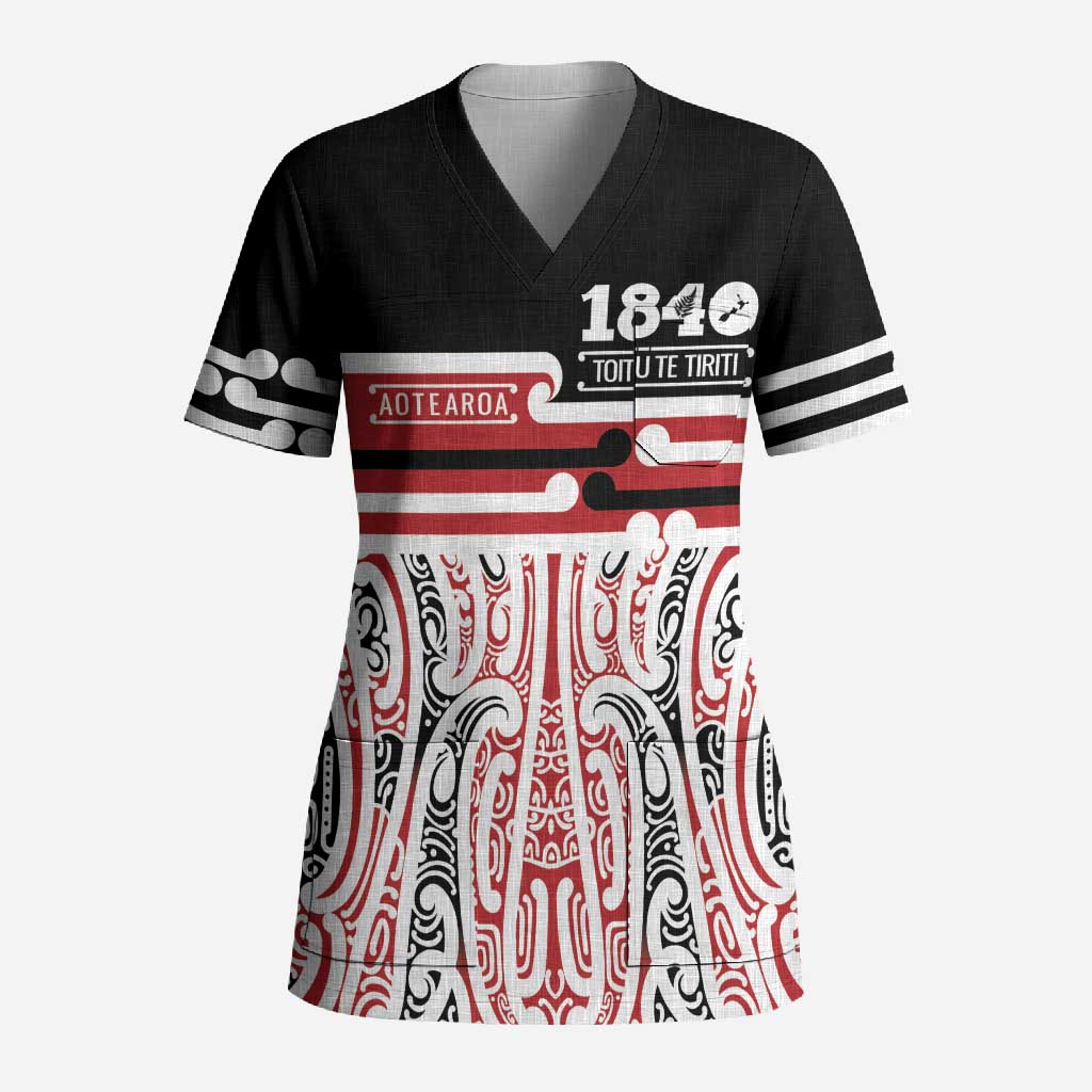 Personalised Toitu Te Tiriti Aotearoa 1840 Scrub Top Red Kowhaiwhai Puhoro - Polynesian Pride
