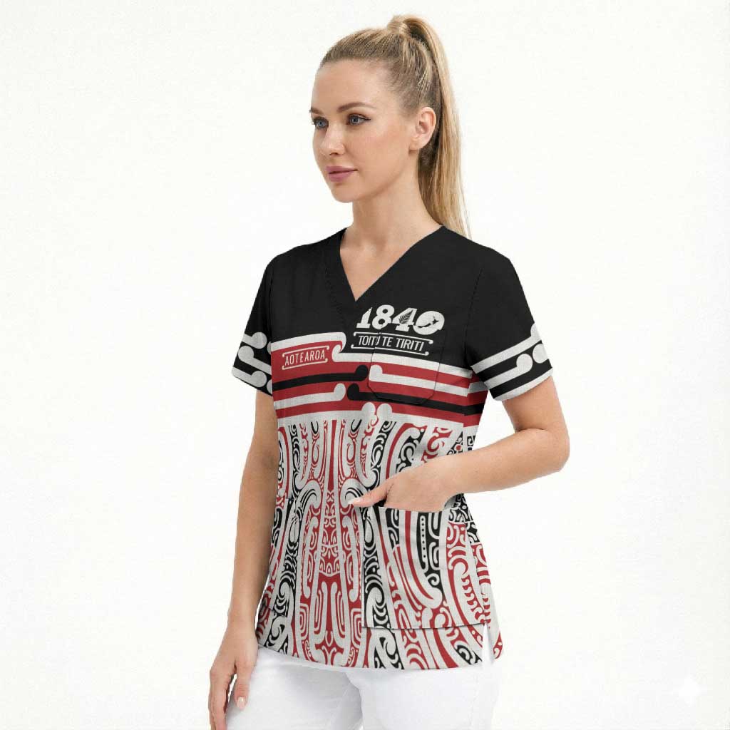 Personalised Toitu Te Tiriti Aotearoa 1840 Scrub Top Red Kowhaiwhai Puhoro - Polynesian Pride