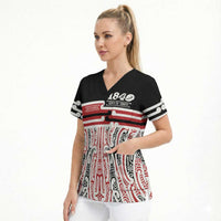 Personalised Toitu Te Tiriti Aotearoa 1840 Scrub Top Red Kowhaiwhai Puhoro - Polynesian Pride