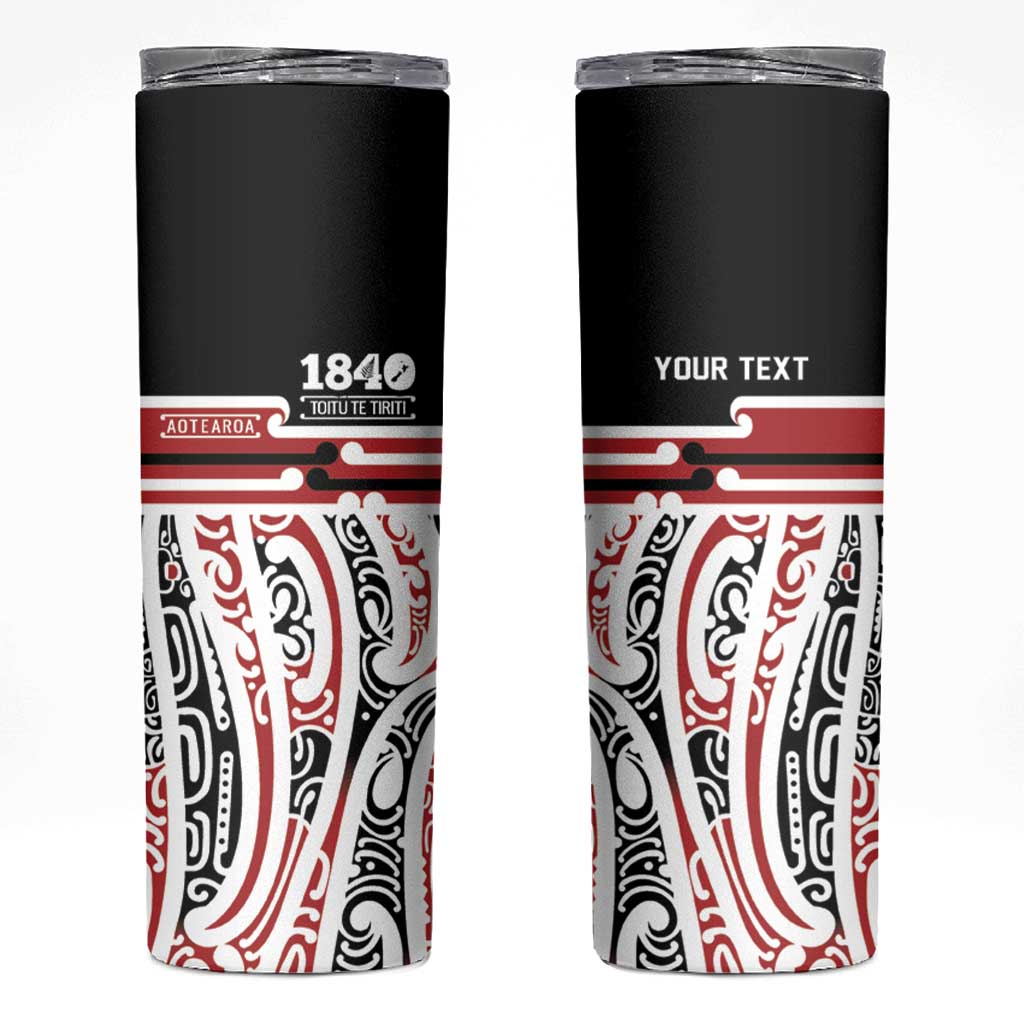 Personalised Toitu Te Tiriti Aotearoa 1840 Skinny Tumbler Red Kowhaiwhai Puhoro LT9 Black - Polynesian Pride