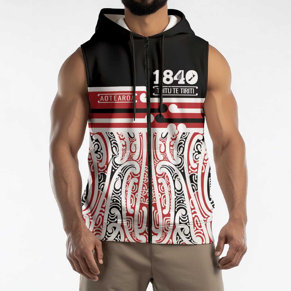 Personalised Toitu Te Tiriti Aotearoa 1840 Sleeveless Zip Hoodie Red Kowhaiwhai Puhoro - Polynesian Pride