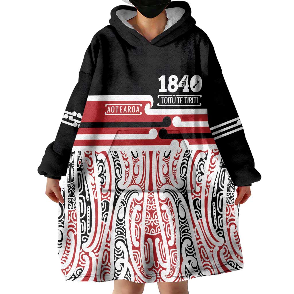 Personalised Toitu Te Tiriti Aotearoa 1840 Wearable Blanket Hoodie Red Kowhaiwhai Puhoro - Polynesian Pride