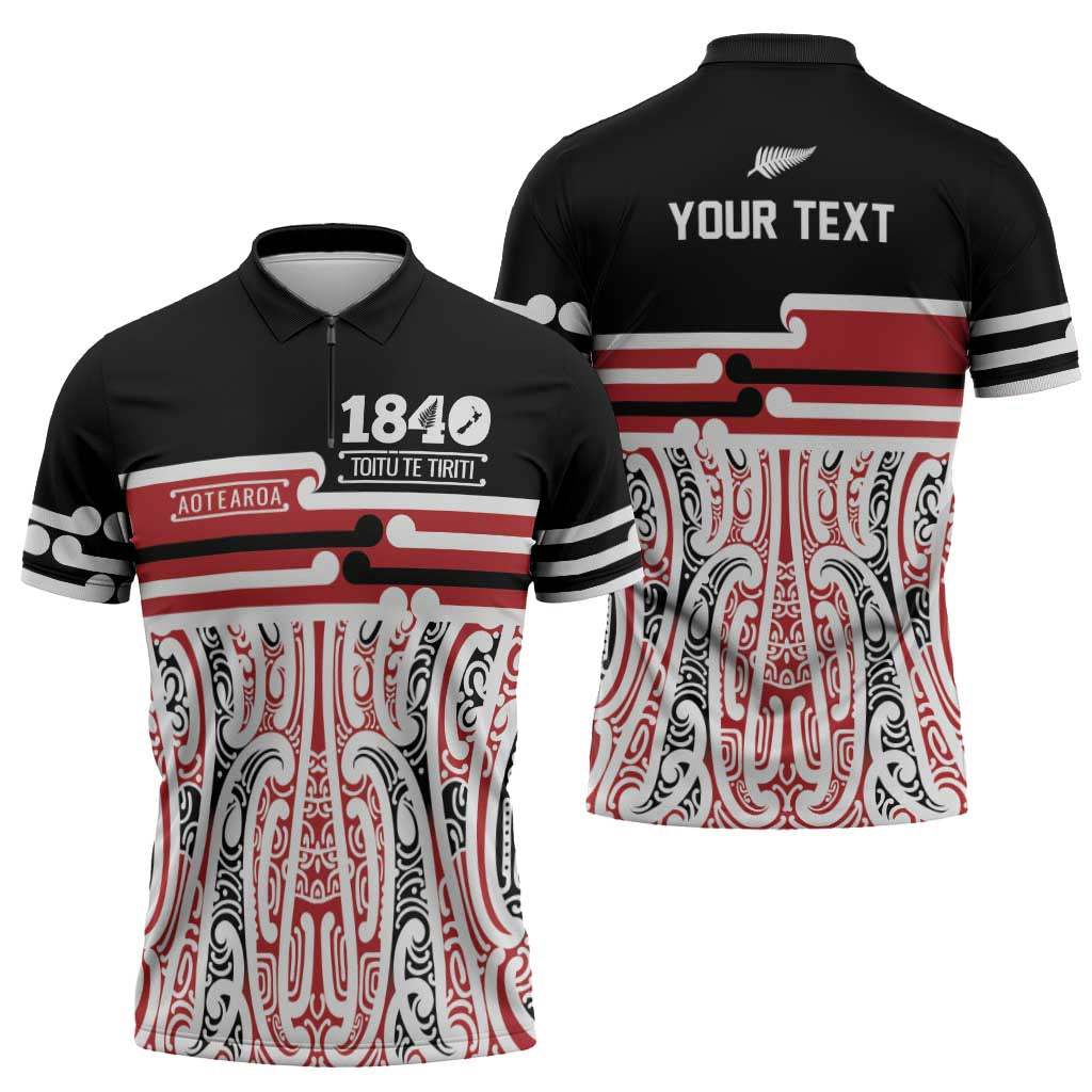 Personalised Toitu Te Tiriti Aotearoa 1840 Zipper Polo Shirt Red Kowhaiwhai Puhoro - Polynesian Pride