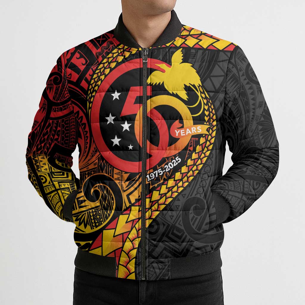 Papua New Guinea Tribal Tattoo Bomber Puffer Jacket 50th Independence Anniversary - Polynesian Pride