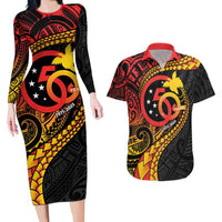 Papua New Guinea Tribal Tattoo Couples Matching Long Sleeve Bodycon Dress and Hawaiian Shirt 50th Independence Anniversary