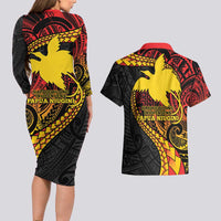 Papua New Guinea Tribal Tattoo Couples Matching Long Sleeve Bodycon Dress and Hawaiian Shirt 50th Independence Anniversary
